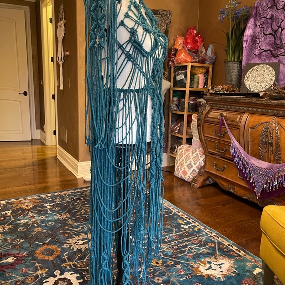 Handmade Macramé Bondage Dress Teal Blue Crochet Cut Out Distressed - Picture 15 of 16